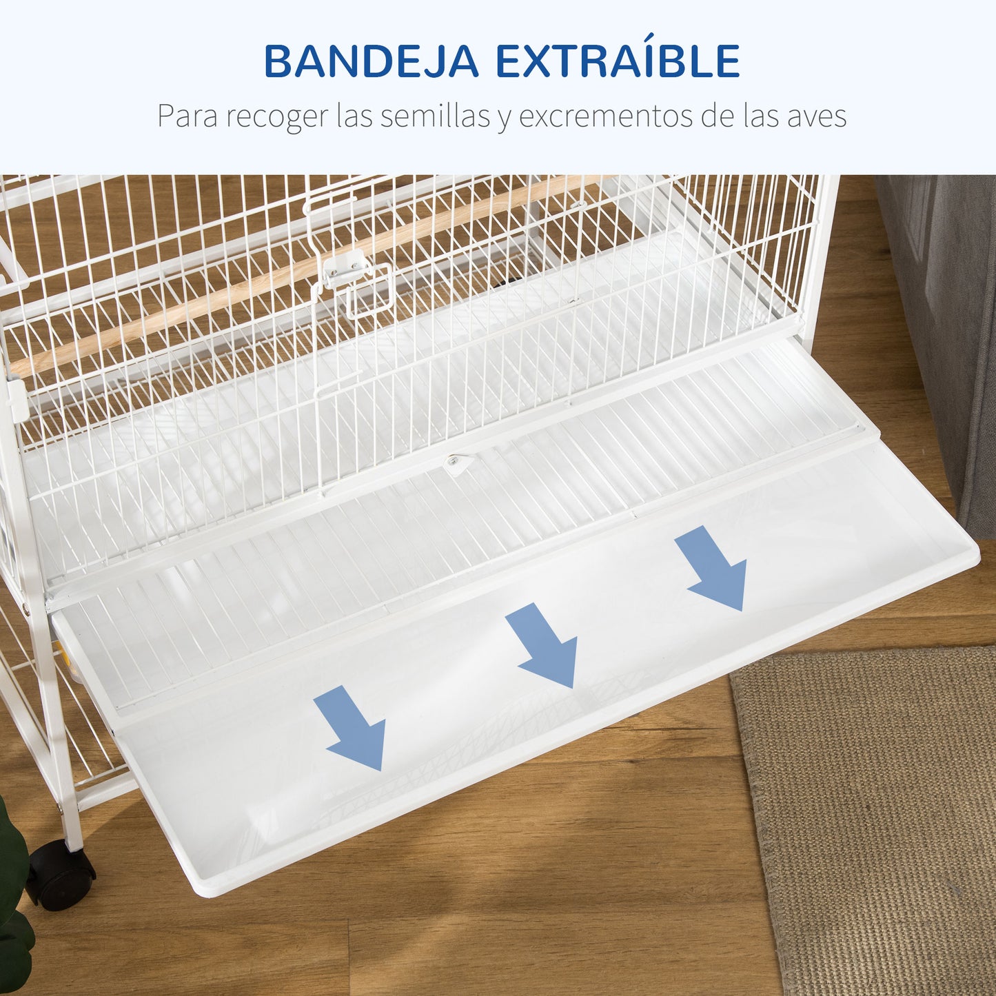 PawHut Jaula para Pájaros con Ruedas Pajarera Metálica con Bandeja Extraíble 4 Puertas 4 Comederos 4 Perchas y Estante de Almacenaje Jaula para Canarios Periquitos 78x52x132 cm Blanco