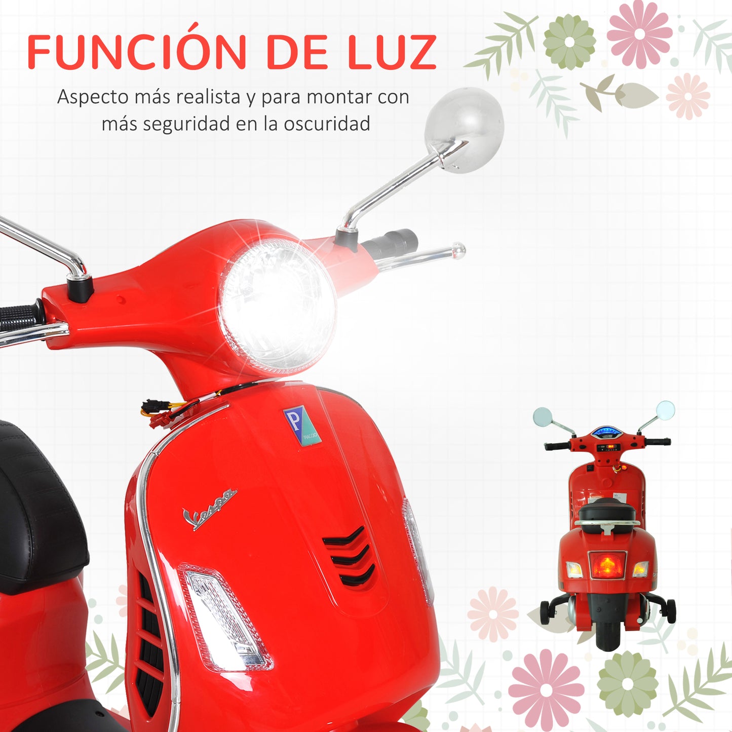 HOMCOM Moto Eléctrica para Niños de 3-6 Años con Licencia VESPA Moto de Batería para Niños con Música Velocidad 2-3 km/h y Bocina Carga 25 kg Rojo