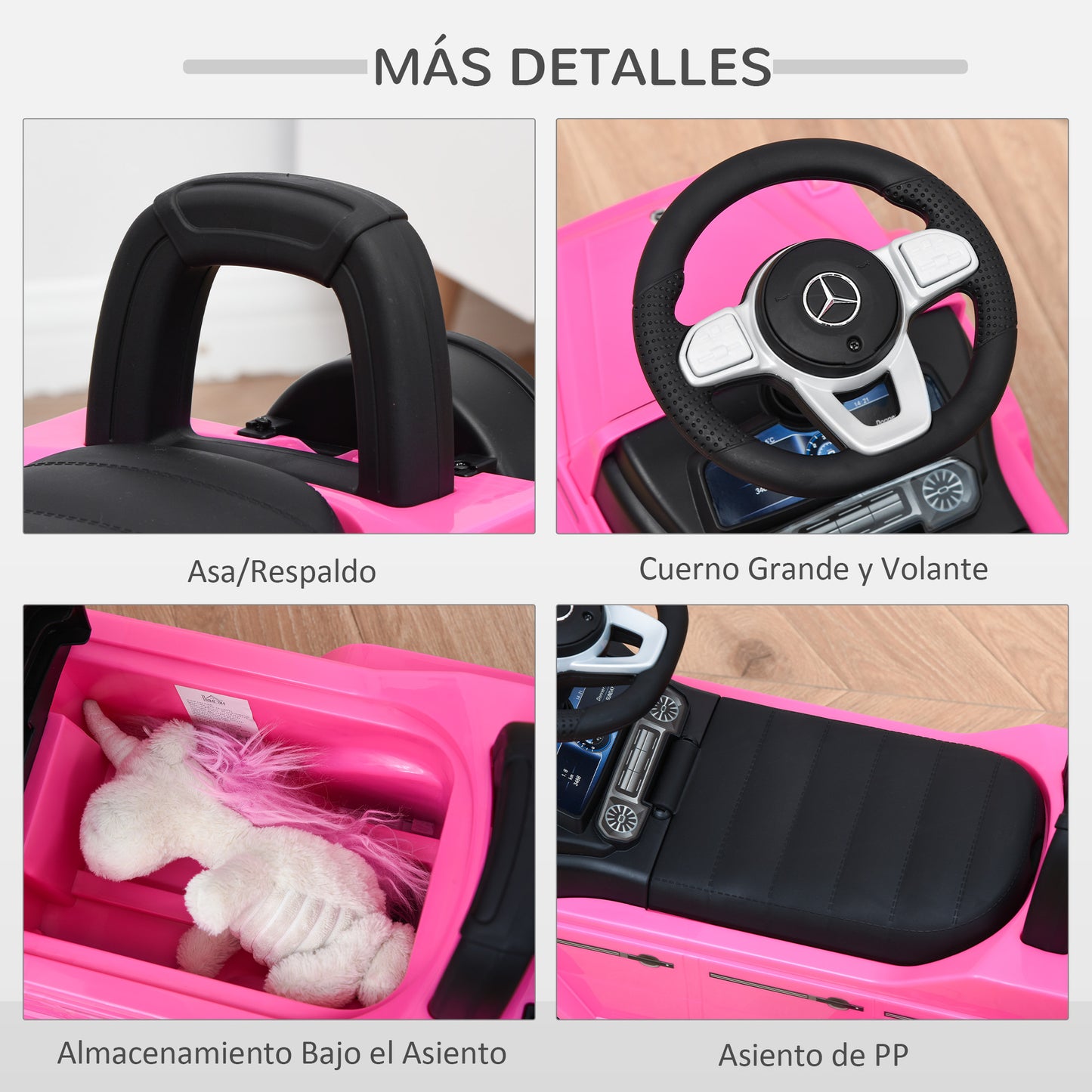 HOMCOM Correpasillos para Bebés de 12 a 36 Meses Coche Correpasillos Licencia Mercedes G350 con Compartimento de Almacenaje y Volante Carga 25 kg 62,5x28,5x45 cm Rosa