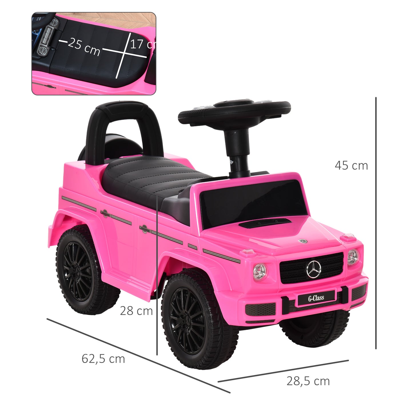 HOMCOM Correpasillos para Bebés de 12 a 36 Meses Coche Correpasillos Licencia Mercedes G350 con Compartimento de Almacenaje y Volante Carga 25 kg 62,5x28,5x45 cm Rosa