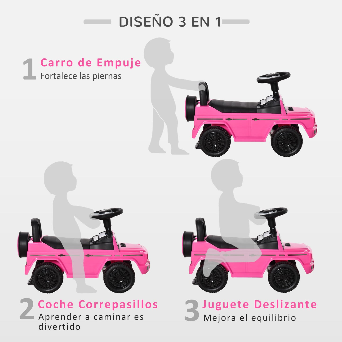 HOMCOM Correpasillos para Bebés de 12 a 36 Meses Coche Correpasillos Licencia Mercedes G350 con Compartimento de Almacenaje y Volante Carga 25 kg 62,5x28,5x45 cm Rosa