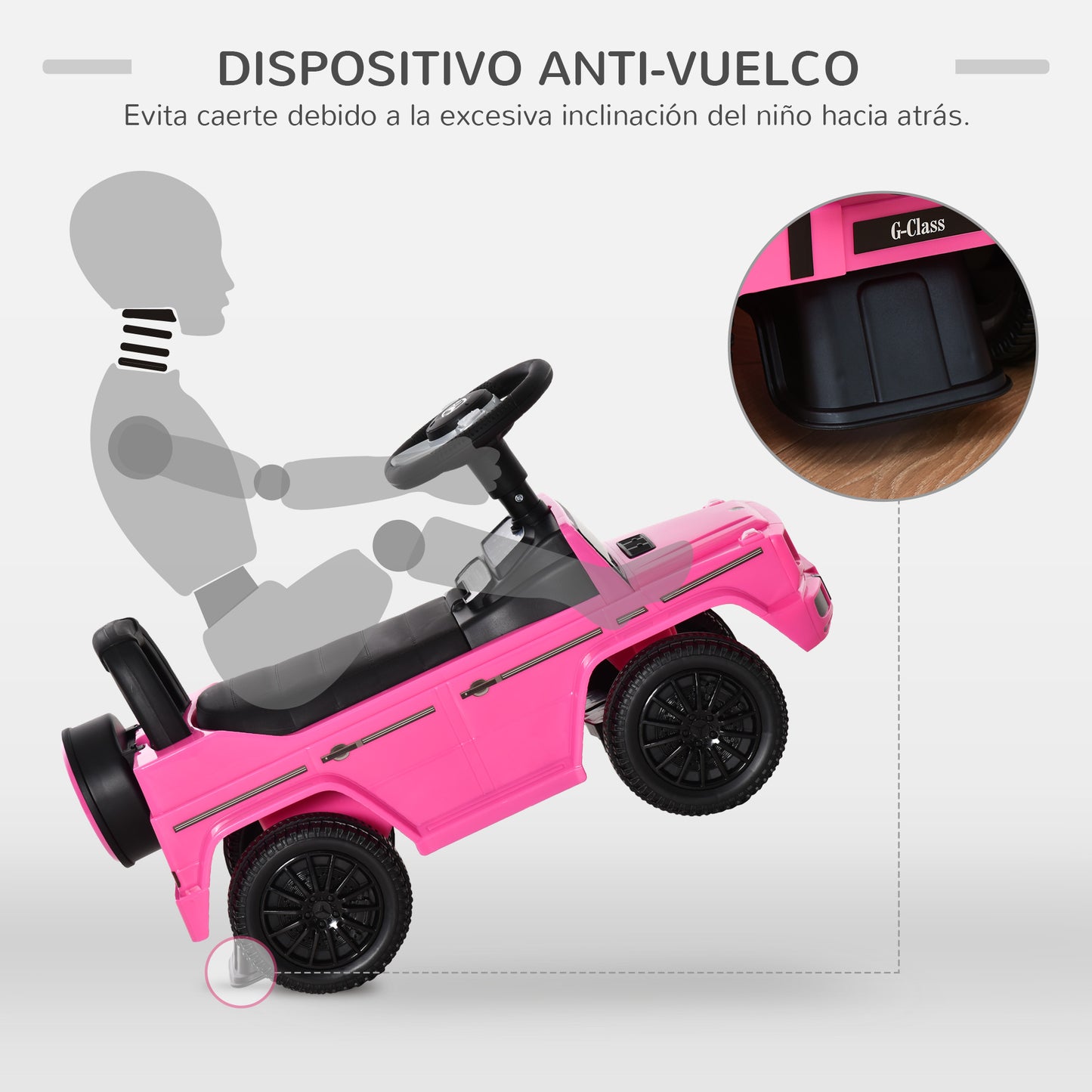 HOMCOM Correpasillos para Bebés de 12 a 36 Meses Coche Correpasillos Licencia Mercedes G350 con Compartimento de Almacenaje y Volante Carga 25 kg 62,5x28,5x45 cm Rosa