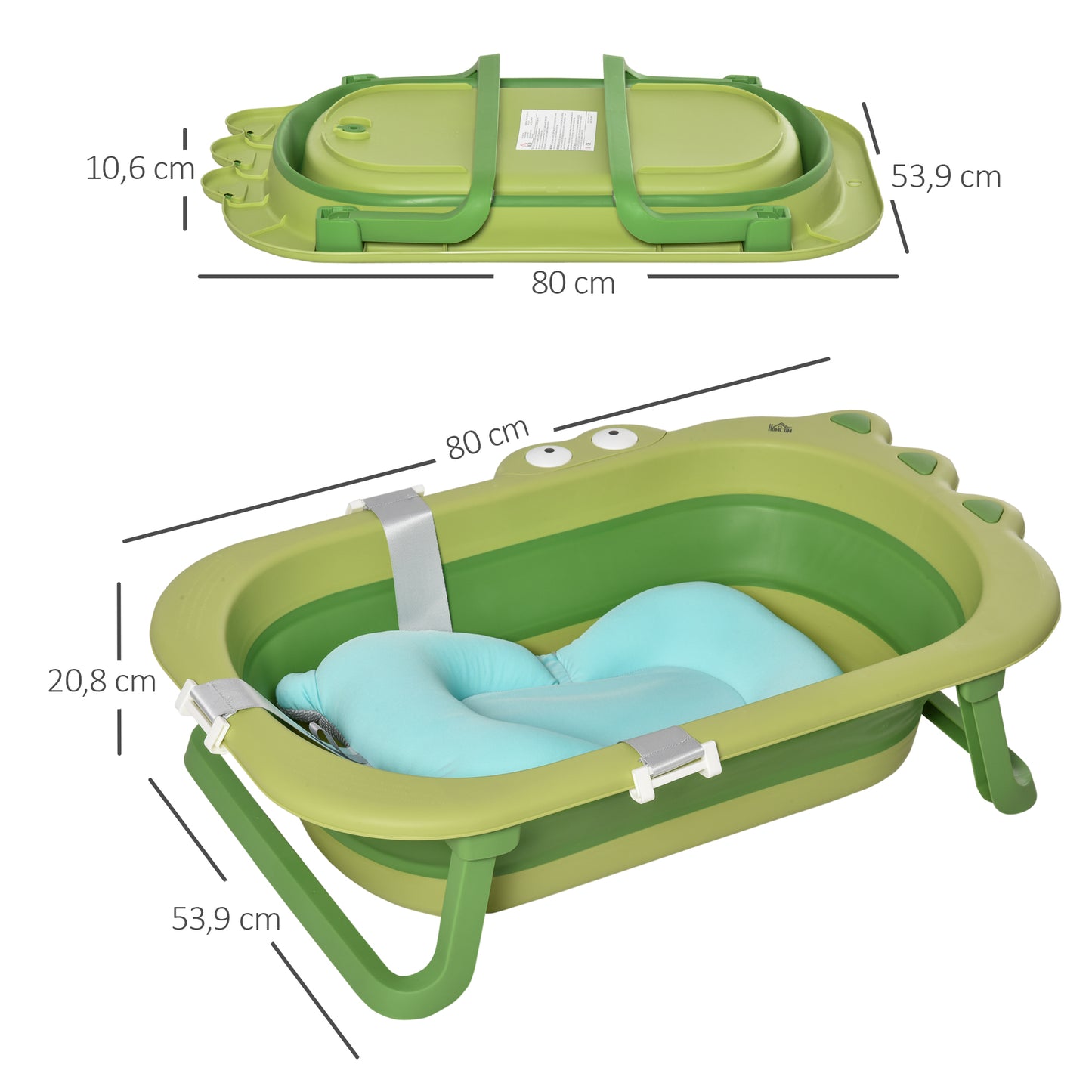 HOMCOM Bañera Plegable para Bebé Recién Nacido hasta 3 Años 50 Litros con Cojín Cómodo y Patas Plegables Carga 50 kg 80x53,9x20,8 cm Verde