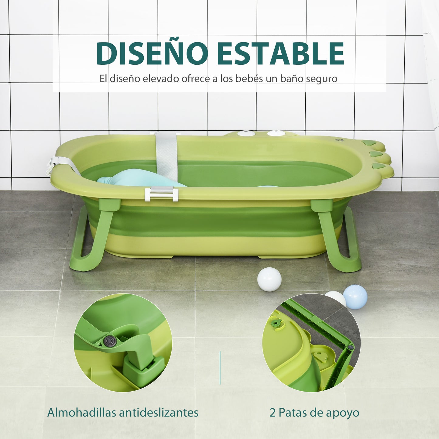 HOMCOM Bañera Plegable para Bebé Recién Nacido hasta 3 Años 50 Litros con Cojín Cómodo y Patas Plegables Carga 50 kg 80x53,9x20,8 cm Verde