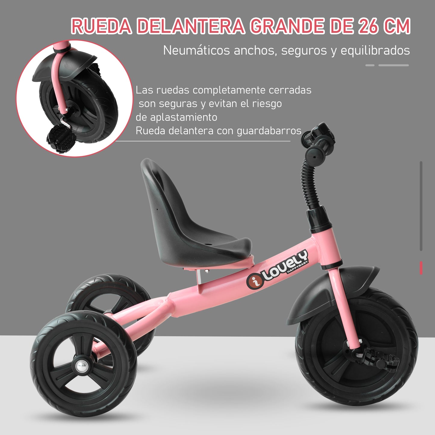 HOMCOM Triciclo para Niños más de 18 meses con Timbre Guardabarros Rueda de Seguridad 79x50,5x58 cm Rosa