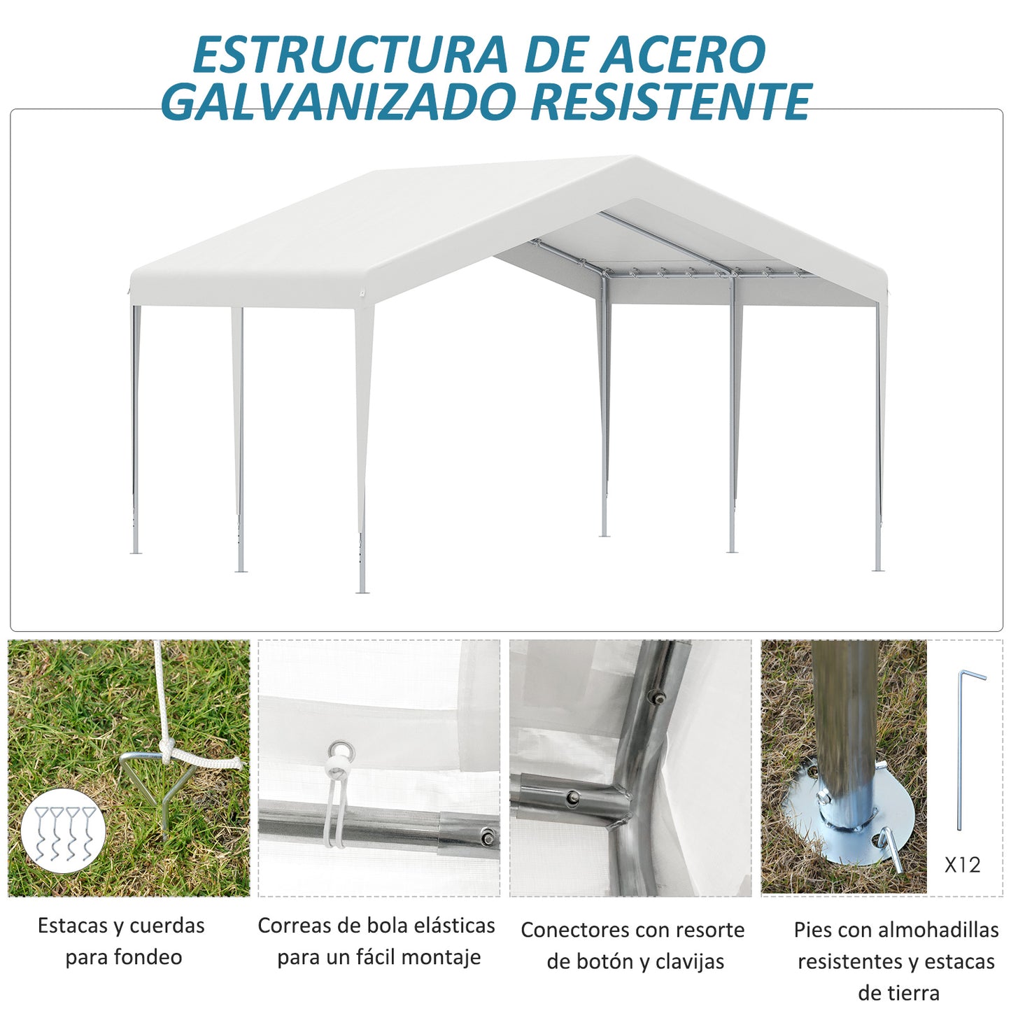 Outsunny Carpa Garaje para Coche 4x4 m Cochera Portátil Impermeable Pabellón Gazebo de Jardín Patio Exterior con Accesorios para Eventos Fiestas Metal Galvanizado Blanco