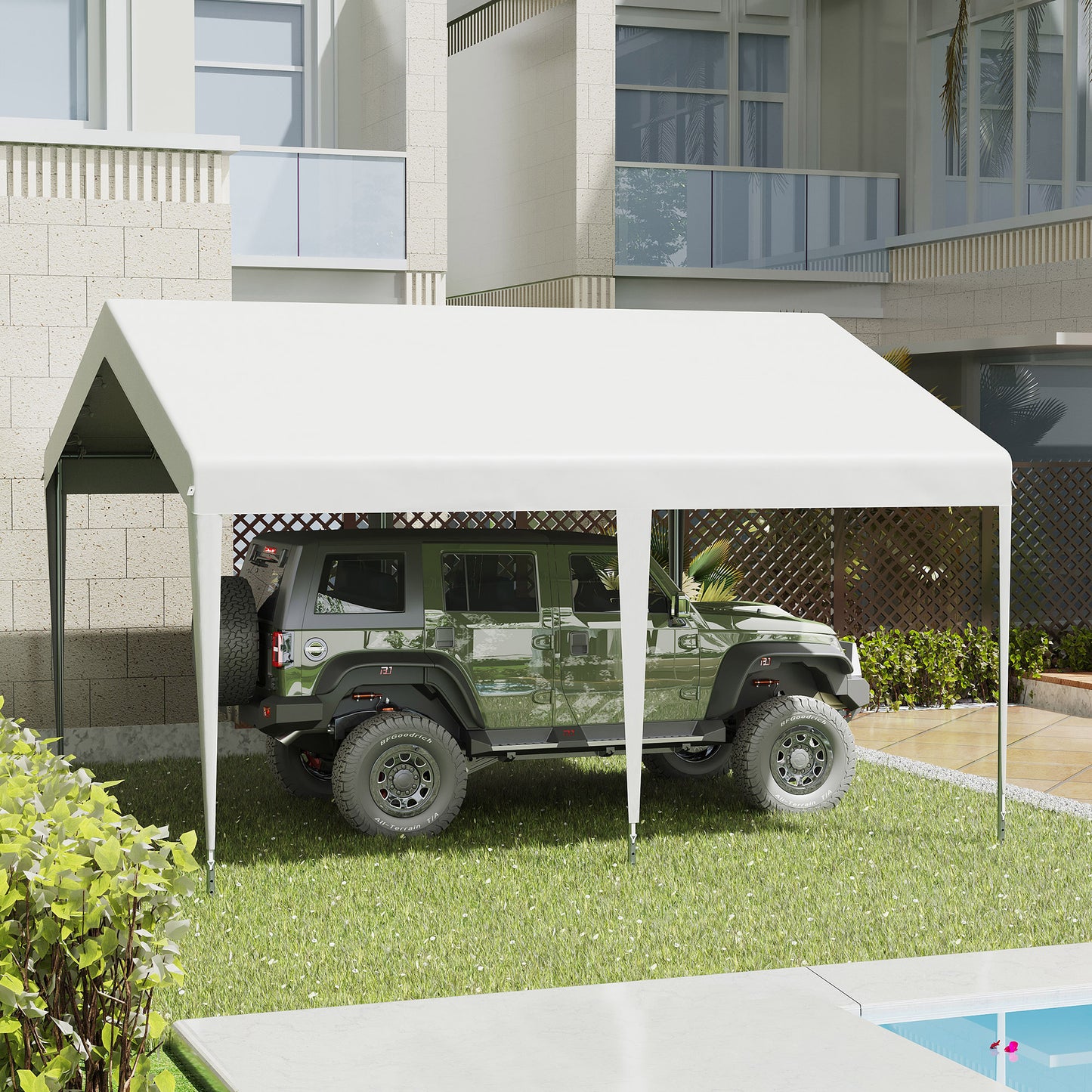 Outsunny Carpa Garaje para Coche 4x4 m Cochera Portátil Impermeable Pabellón Gazebo de Jardín Patio Exterior con Accesorios para Eventos Fiestas Metal Galvanizado Blanco