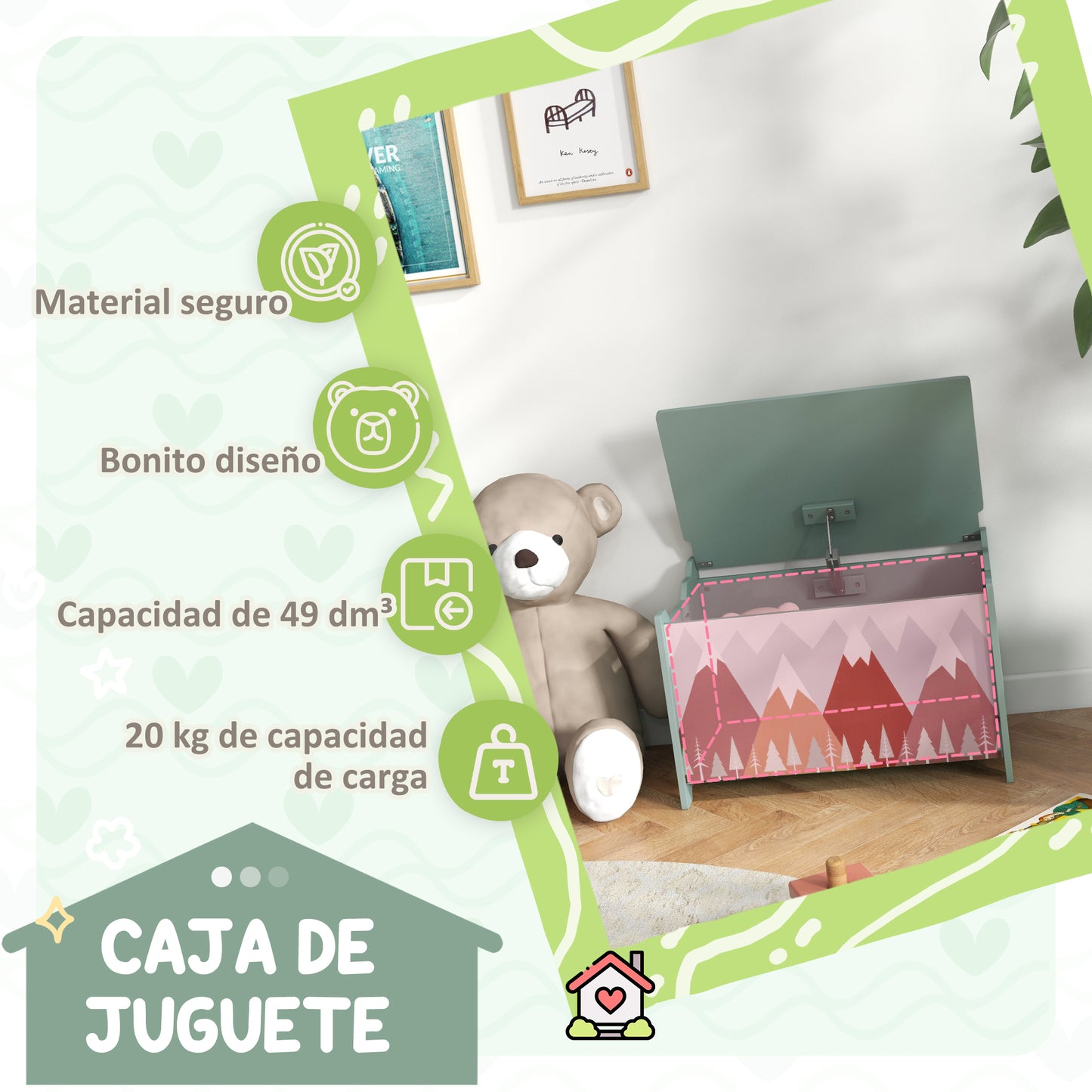 ZONEKIZ Conjunto para Niños Incluye 1 Cama Infantil de Madera Carga Máx. 40 kg 143x77x60 cm y 1 Baúl de Almacenamiento 60x37x39 cm con Estampados Verde