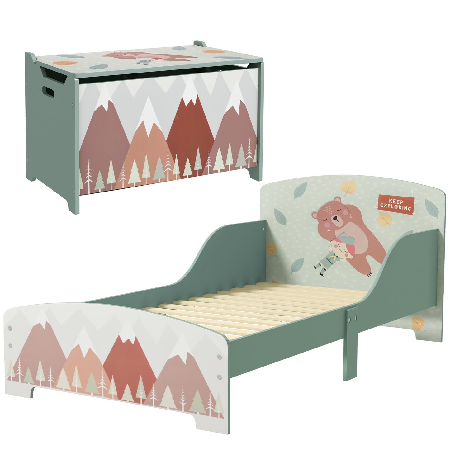 ZONEKIZ Conjunto para Niños Incluye 1 Cama Infantil de Madera Carga Máx. 40 kg 143x77x60 cm y 1 Baúl de Almacenamiento 60x37x39 cm con Estampados Verde