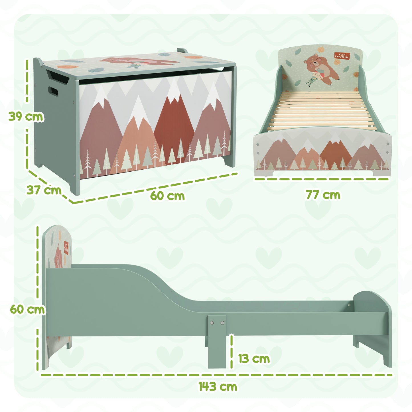 ZONEKIZ Conjunto para Niños Incluye 1 Cama Infantil de Madera Carga Máx. 40 kg 143x77x60 cm y 1 Baúl de Almacenamiento 60x37x39 cm con Estampados Verde