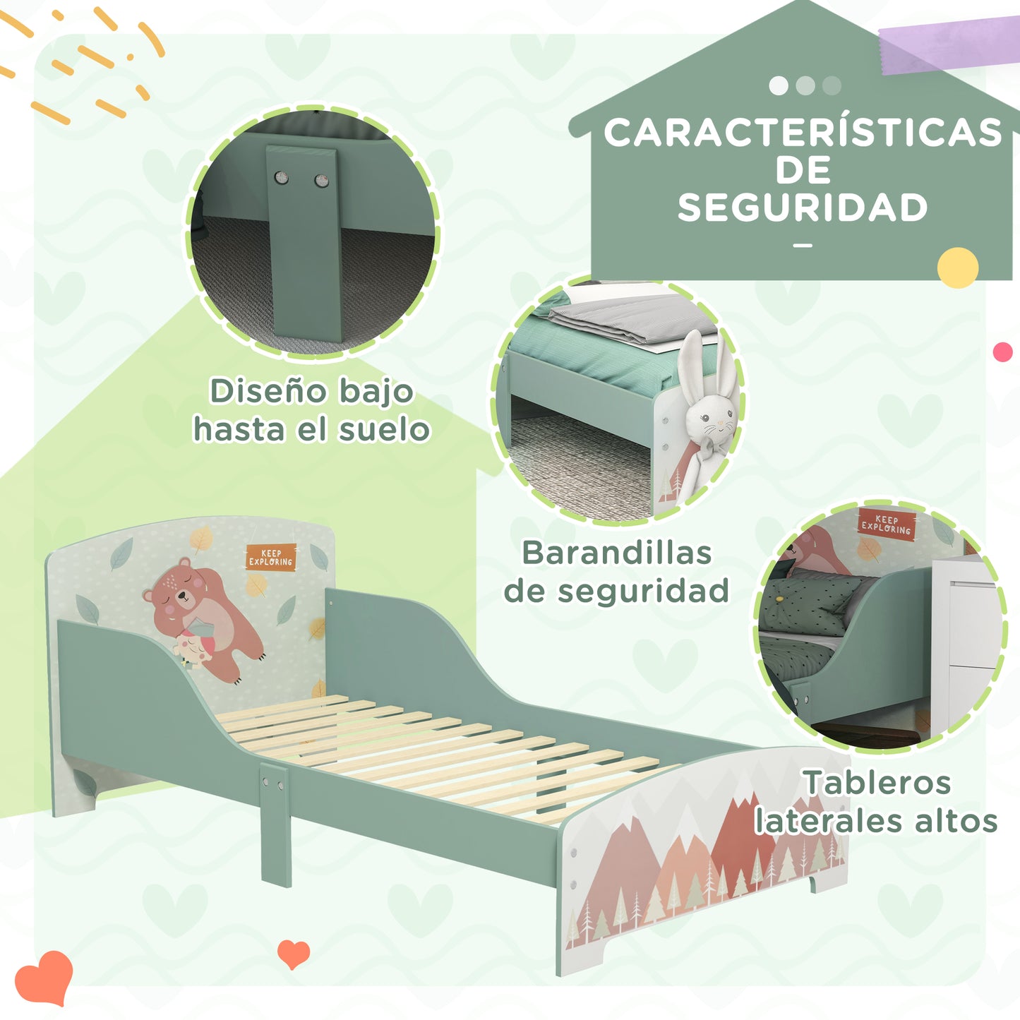 ZONEKIZ Conjunto para Niños Incluye 1 Cama Infantil de Madera Carga Máx. 40 kg 143x77x60 cm y 1 Baúl de Almacenamiento 60x37x39 cm con Estampados Verde