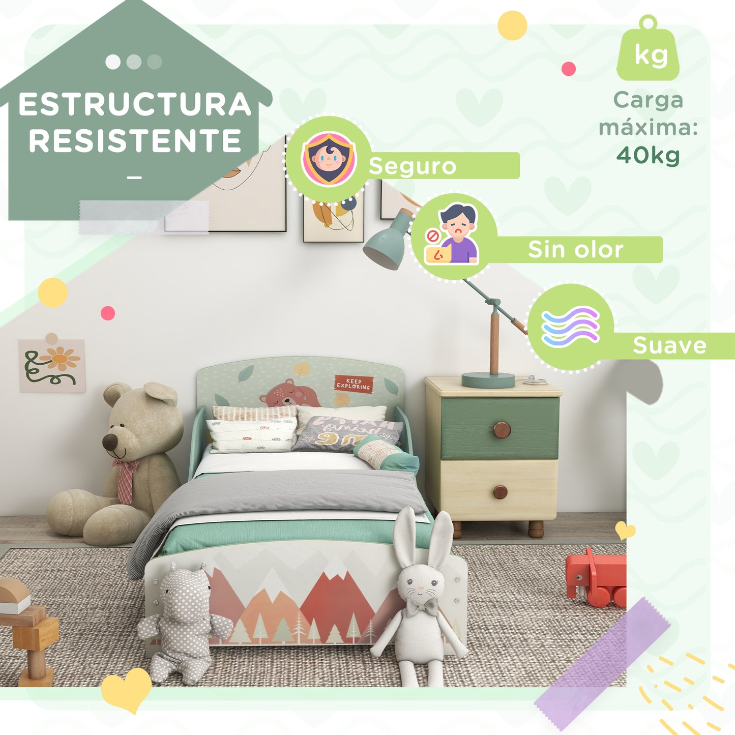 ZONEKIZ Conjunto para Niños Incluye 1 Cama Infantil de Madera Carga Máx. 40 kg 143x77x60 cm y 1 Baúl de Almacenamiento 60x37x39 cm con Estampados Verde