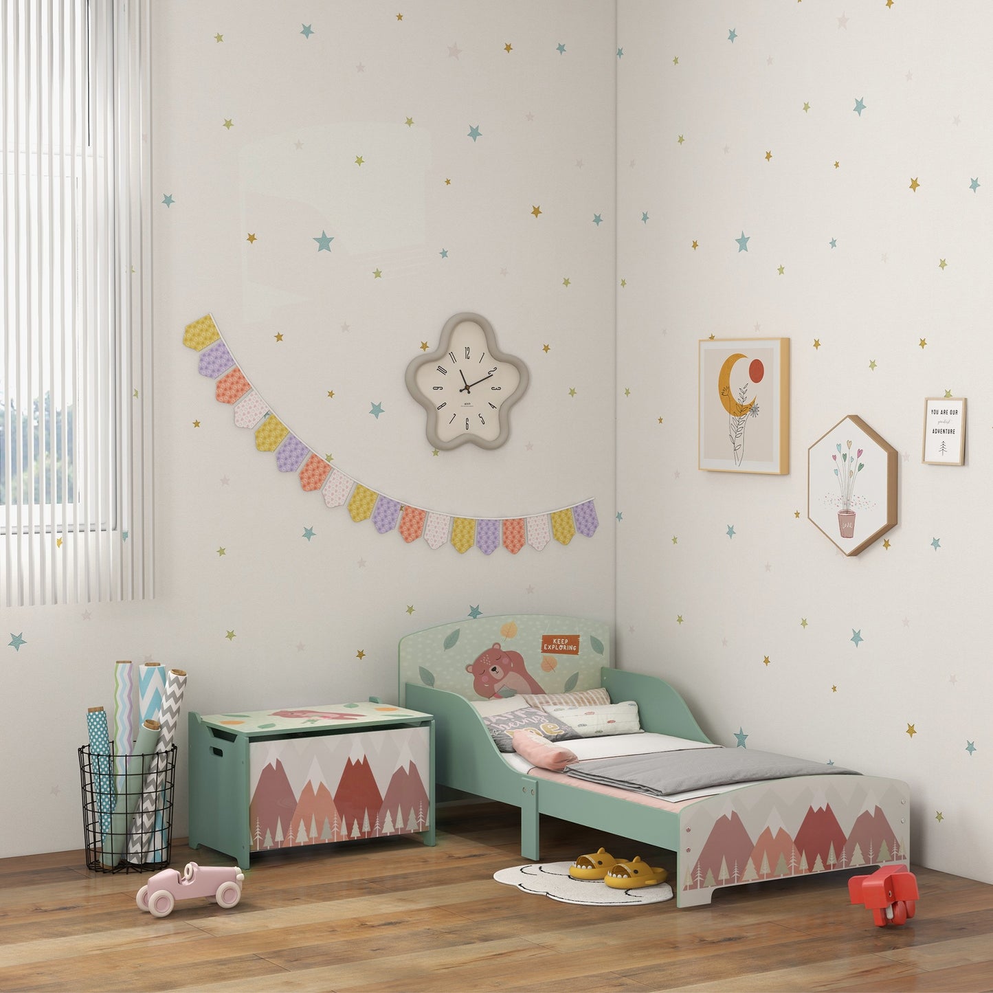 ZONEKIZ Conjunto para Niños Incluye 1 Cama Infantil de Madera Carga Máx. 40 kg 143x77x60 cm y 1 Baúl de Almacenamiento 60x37x39 cm con Estampados Verde