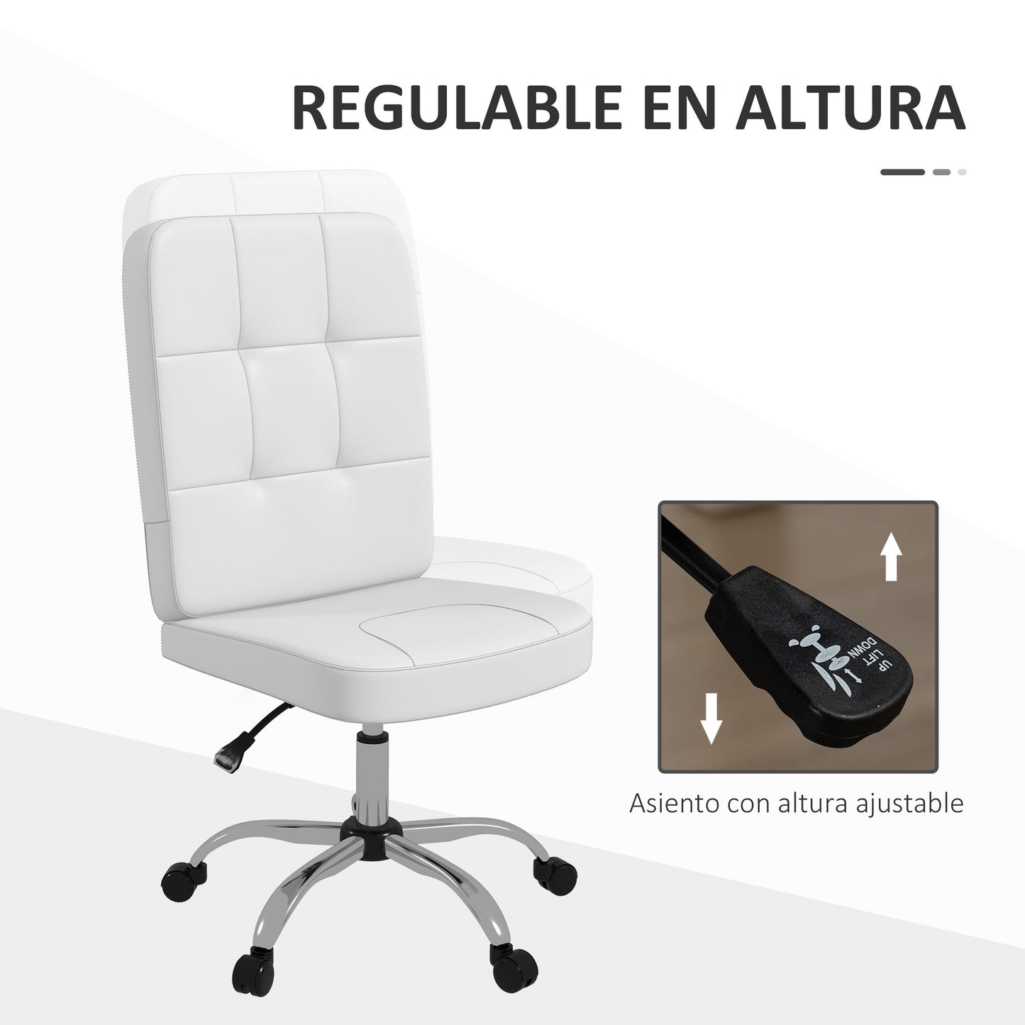 Vinsetto Silla de Oficina sin Brazos Silla de Escritorio Giratorio de Piel Sintética con Altura Ajustable Estilo Moderno Carga 120 kg 45x59x90-100 cm Blanco