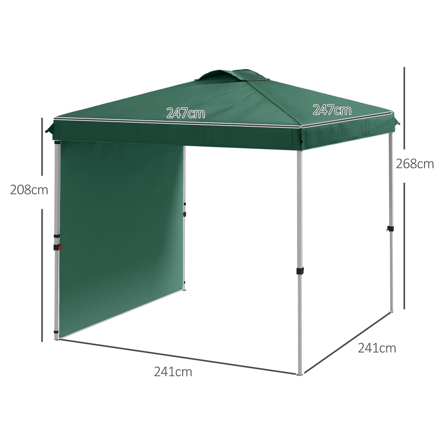 Outsunny Carpa Plegable 2,5x2,5 m Cenador de Jardín con 1 Pared Lateral Altura Ajustable en 3 Niveles Anti-UV Impermeable y Bolsa de Arena Gazebo para Exterior Camping Fiestas Verde