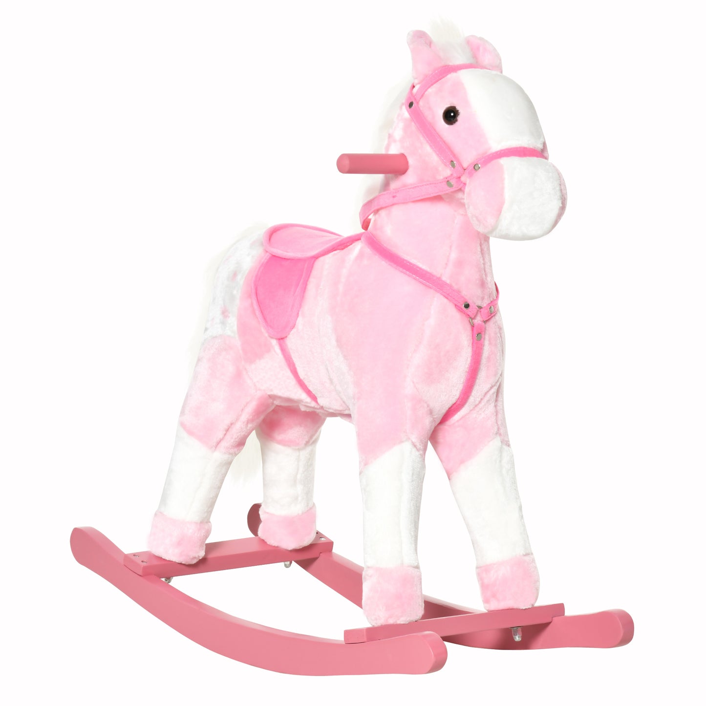 HOMCOM Caballito Balancín de Felpa Suave para Niños de 3-6 Años con Sonidos de Relincho 74x28x65 cm Rosa