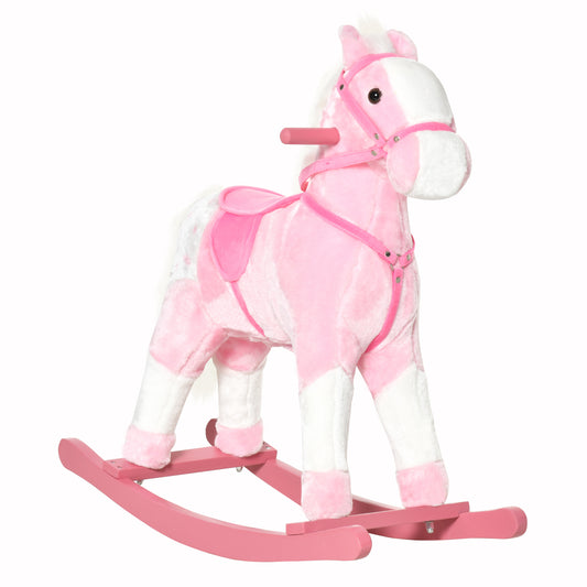 HOMCOM Caballito Balancín Bebé Balancín Peluche Caballo Madera para Niños de 3-6 Años con Sonidos 74x28x65cm