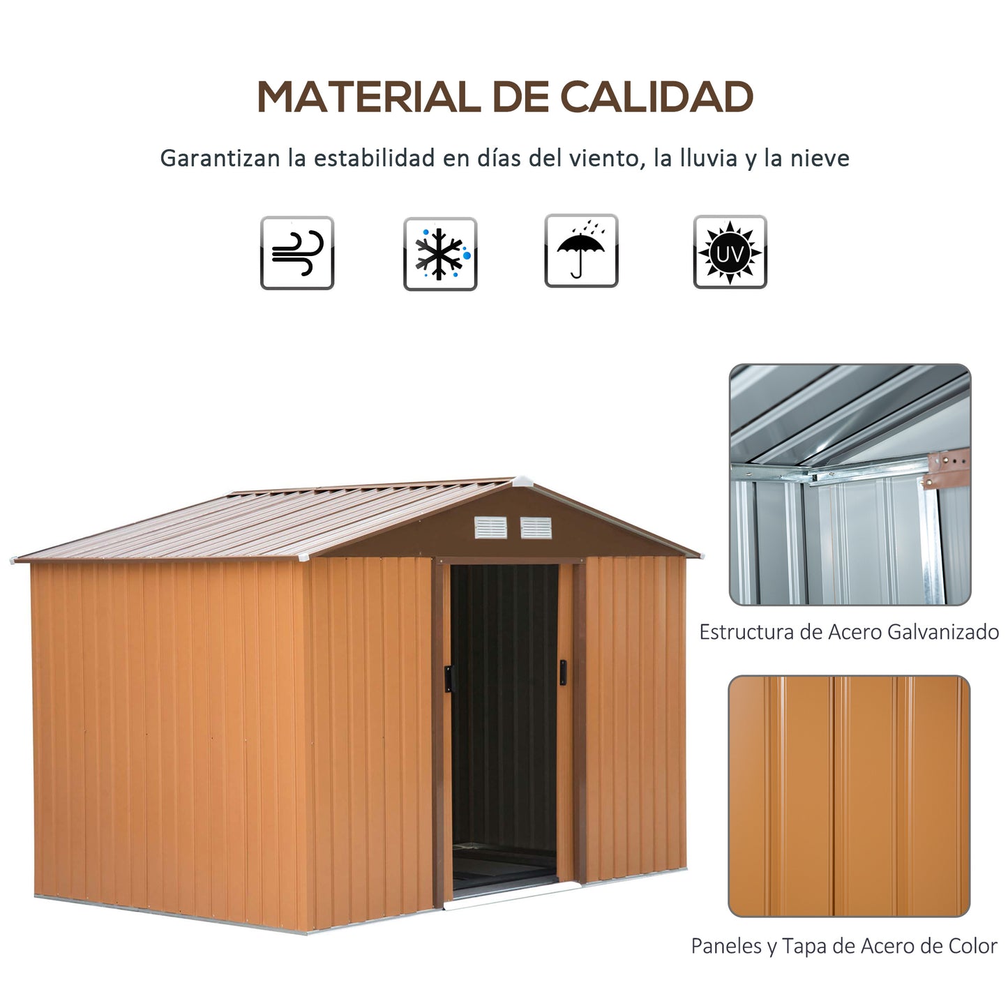 Outsunny Caseta de Jardín de Exterior Cobertizo de Jardín 4,9 m² 277x195x192 cm con 2 Puertas Corredizas Base Refuerzo (Suelo NO Incluido) para Patio Terraza Amarillo