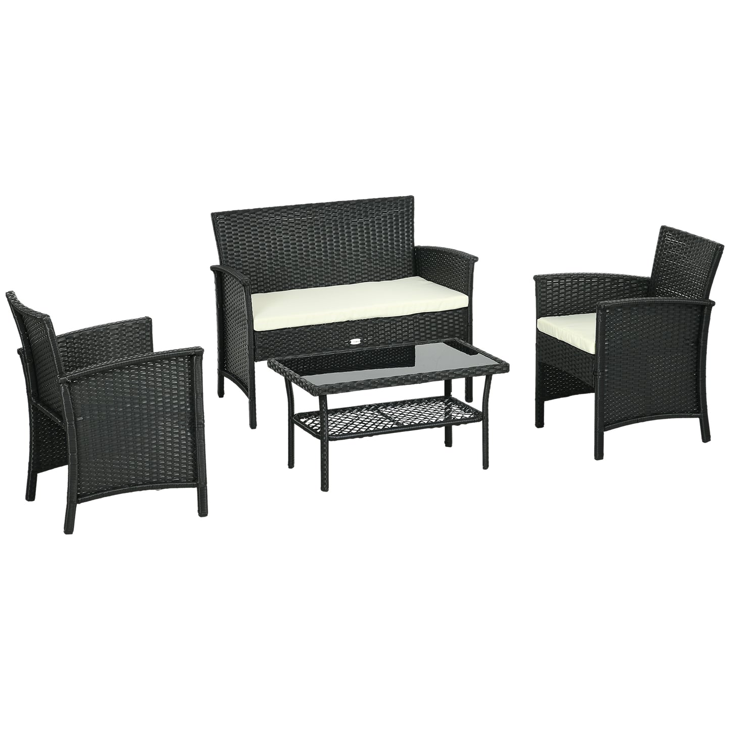 Outsunny Conjunto de Jardín de Ratán Sintético Juego de 4 Piezas Muebles de Jardín con 2 Sillones 1 Sofá Doble 1 Mesa de Centro con Tablero de Vidrio y Cojines Anti-UV Negro y Crema