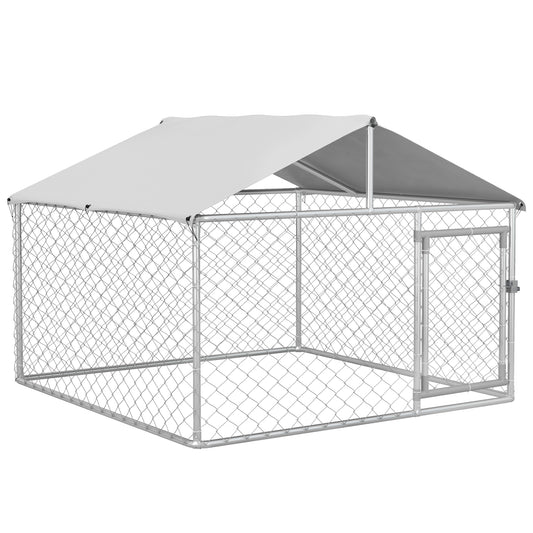 PawHut Perrera Jaula de Exterior para Perros Medianos Parque para Perros con Cerradura Marco de Acero Toldo Impermeable y Anti-UV 200x200x150 cm Plata