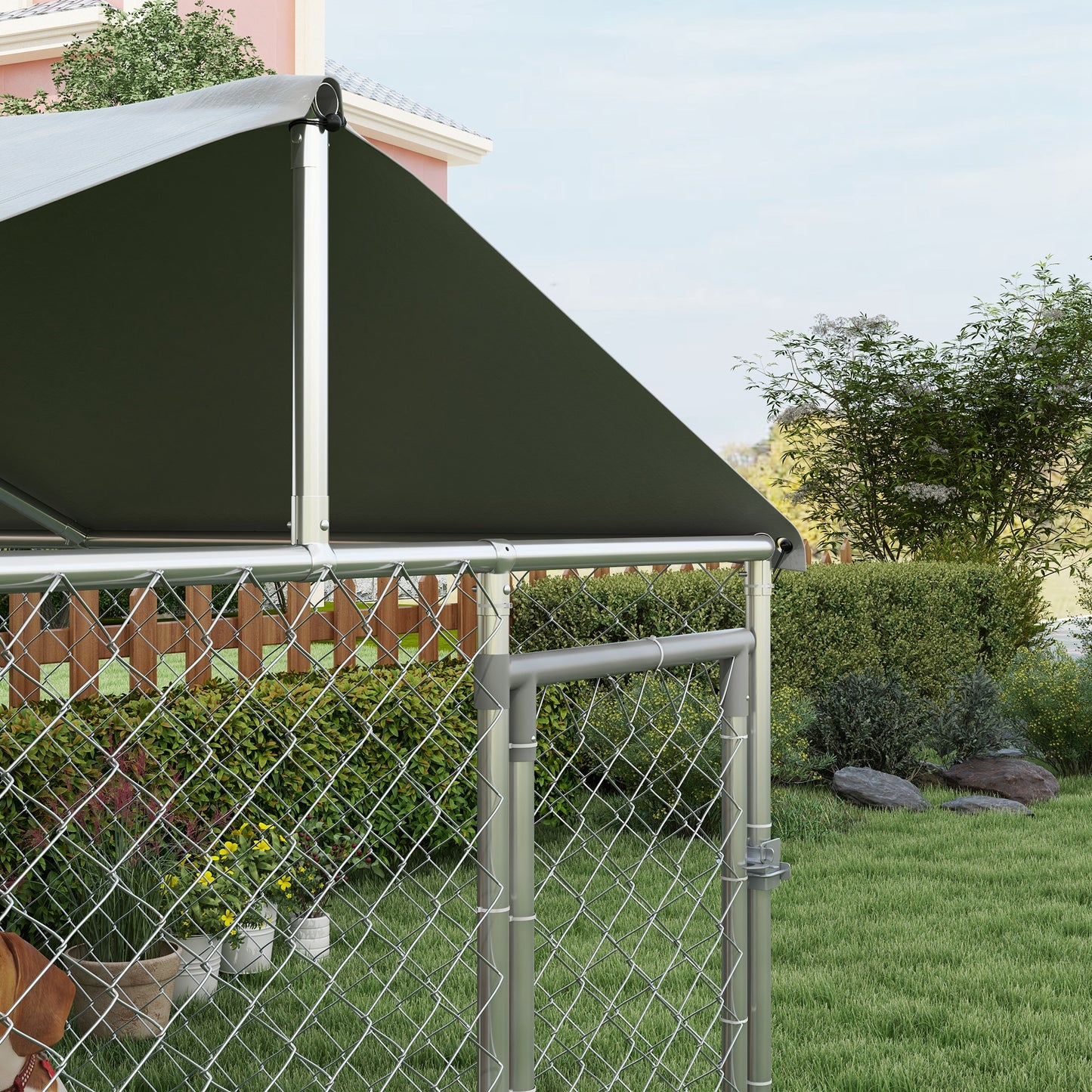 PawHut Perrera Jaula de Exterior para Perros Medianos Parque para Perros con Cerradura Marco de Acero Toldo Impermeable y Anti-UV 200x200x150 cm Plata