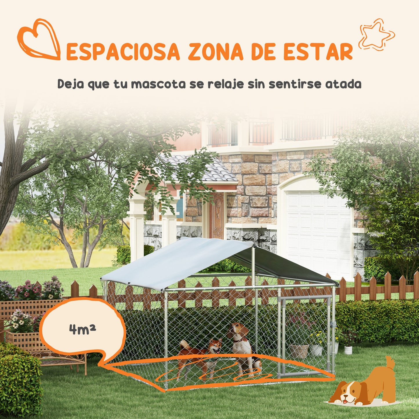 PawHut Perrera Jaula de Exterior para Perros Medianos Parque para Perros con Cerradura Marco de Acero Toldo Impermeable y Anti-UV 200x200x150 cm Plata