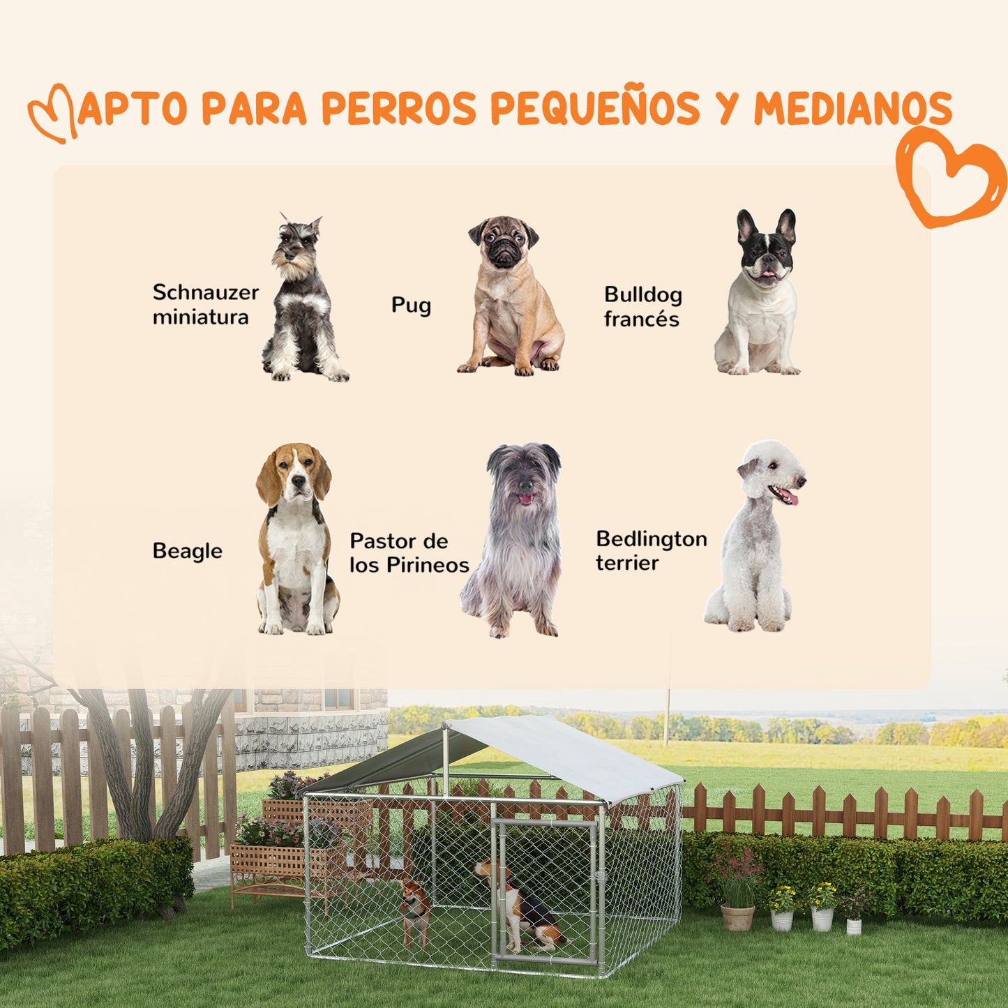 PawHut Perrera Jaula de Exterior para Perros Medianos Parque para Perros con Cerradura Marco de Acero Toldo Impermeable y Anti-UV 200x200x150 cm Plata