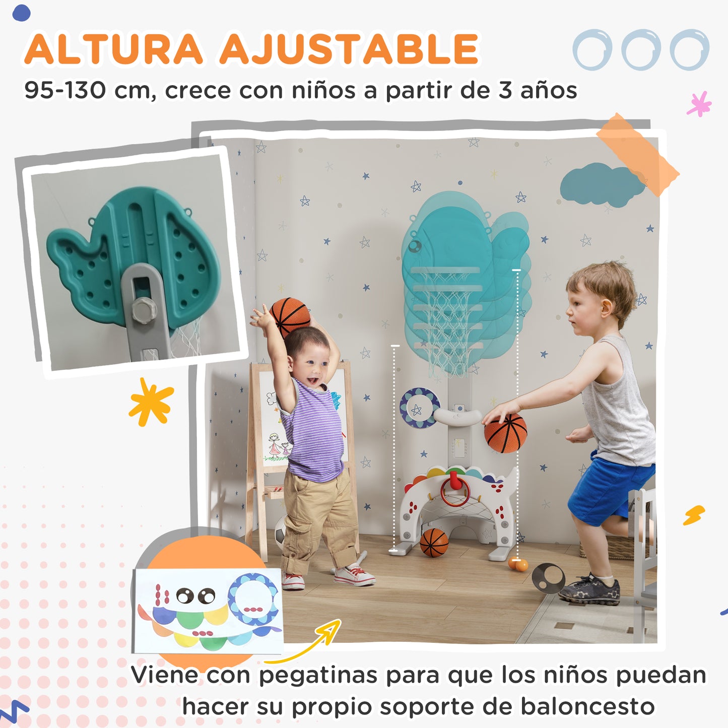 AIYAPLAY Canasta de Baloncesto Infantil 5 en 1 Canasta de Baloncesto para Niños Altura Ajustable con Temática de Pez Dorado Fútbol Golf Anilla Juego de Lanzamiento de Pelota para Interior Multicolor