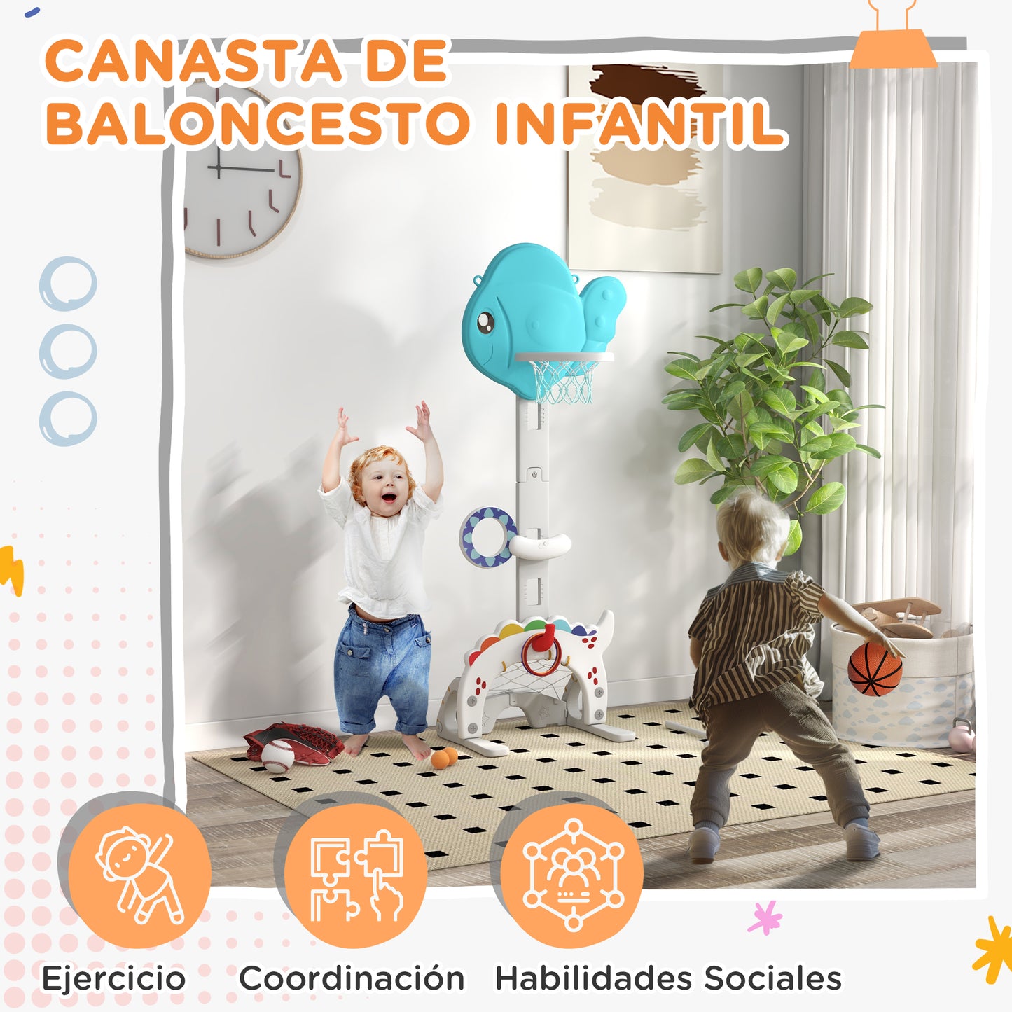 AIYAPLAY Canasta de Baloncesto Infantil 5 en 1 Canasta de Baloncesto para Niños Altura Ajustable con Temática de Pez Dorado Fútbol Golf Anilla Juego de Lanzamiento de Pelota para Interior Multicolor