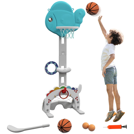 AIYAPLAY Canasta de Baloncesto Infantil 5 en 1 Canasta de Baloncesto para Niños Altura Ajustable con Temática de Pez Dorado Fútbol Golf Anilla Juego de Lanzamiento de Pelota para Interior Multicolor