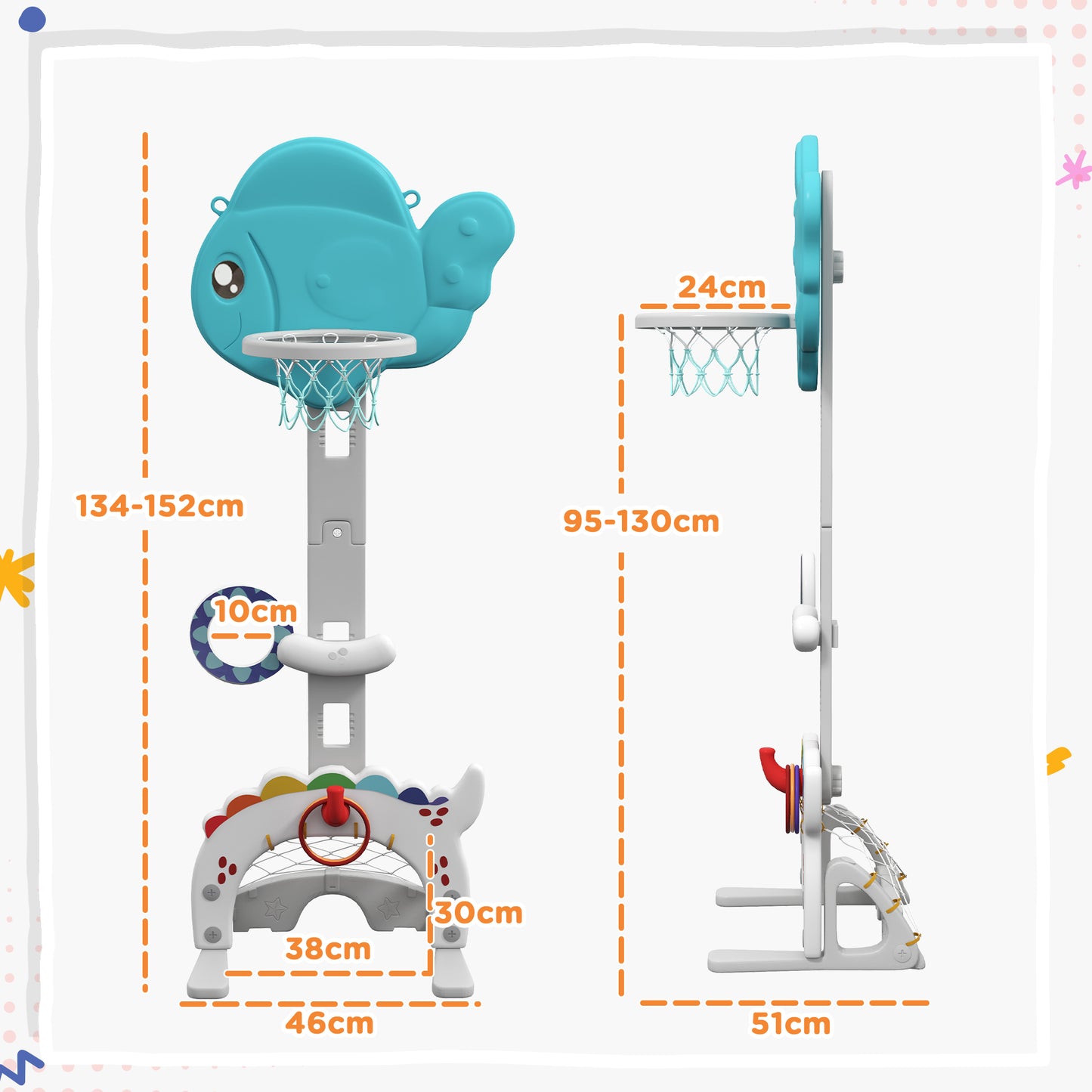 AIYAPLAY Canasta de Baloncesto Infantil 5 en 1 Canasta de Baloncesto para Niños Altura Ajustable con Temática de Pez Dorado Fútbol Golf Anilla Juego de Lanzamiento de Pelota para Interior Multicolor