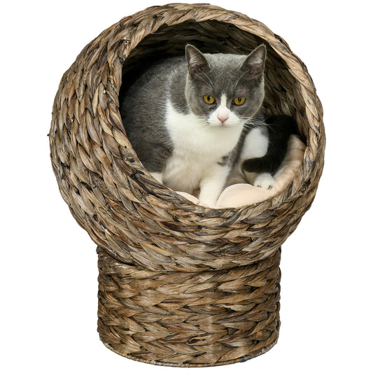 PawHut Cama para Gatos de Mimbre Cueva para Gatos Desmontable con Cojín Extraíble 42x33x52 cm Marrón Oscuro y Beige