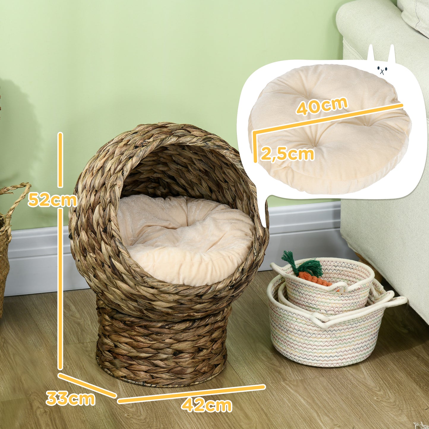 PawHut Cama para Gatos de Mimbre Cueva para Gatos Desmontable con Cojín Extraíble 42x33x52 cm Marrón Oscuro y Beige