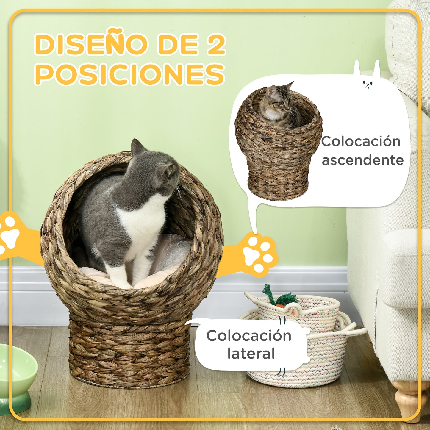 PawHut Cama para Gatos de Mimbre Cueva para Gatos Desmontable con Cojín Extraíble 42x33x52 cm Marrón Oscuro y Beige