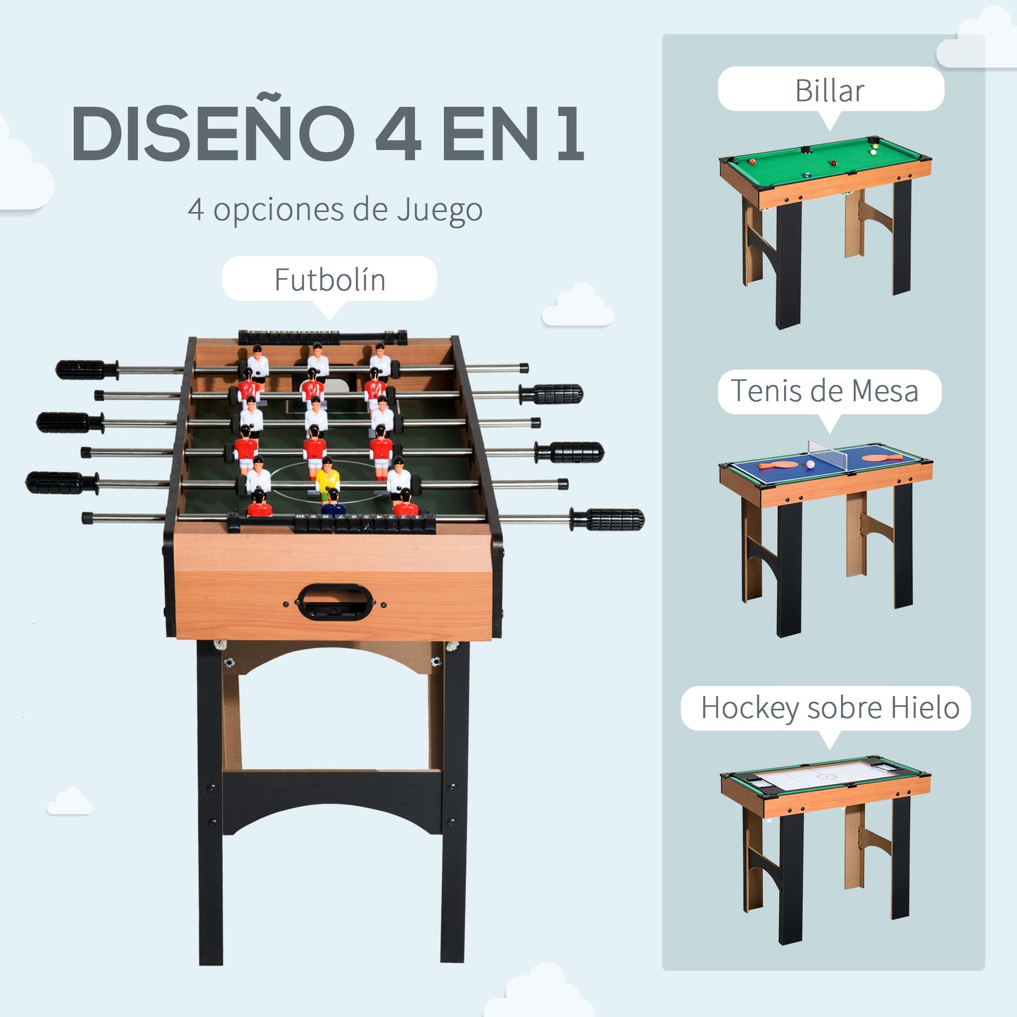 HOMCOM Mesa Multijuegos 4 en 1 Mesa de Juego para Niños +6 Años Futbolines para Niños Mesa de Billar Mesa de Ping-pong 92x78x80 Natural y Negro