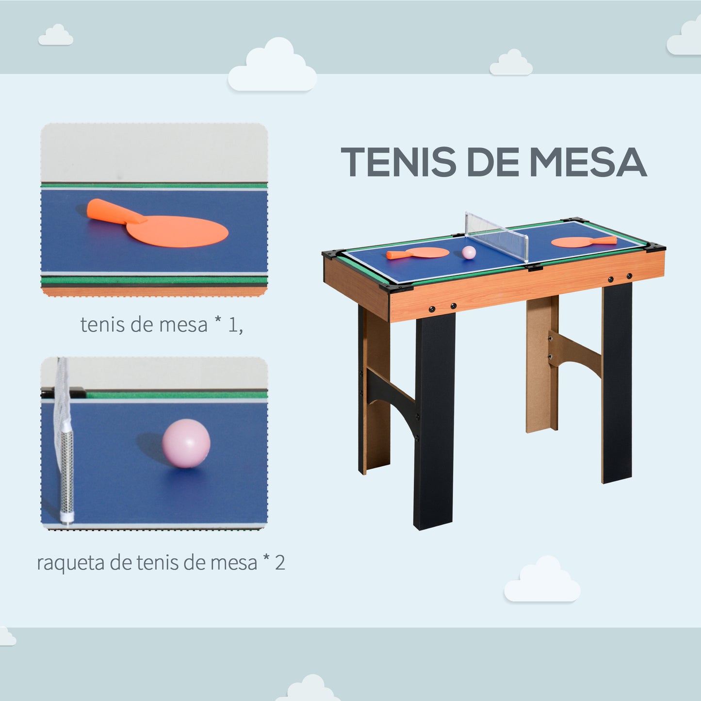 HOMCOM Mesa Multijuegos 4 en 1 Mesa de Juego para Niños +6 Años Futbolines para Niños Mesa de Billar Mesa de Ping-pong 92x78x80 Natural y Negro