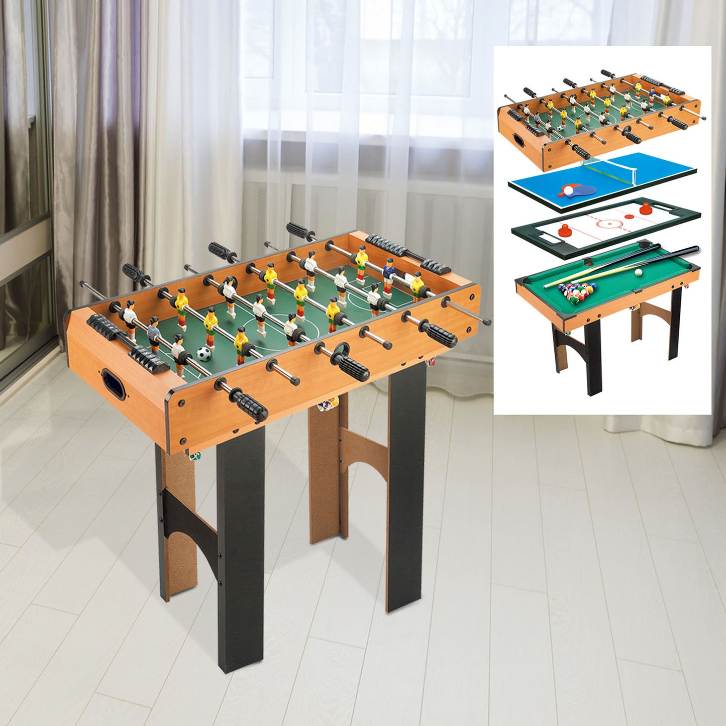 HOMCOM Mesa Multijuegos 4 en 1 Mesa de Juego para Niños +6 Años Futbolines para Niños Mesa de Billar Mesa de Ping-pong 92x78x80 Natural y Negro