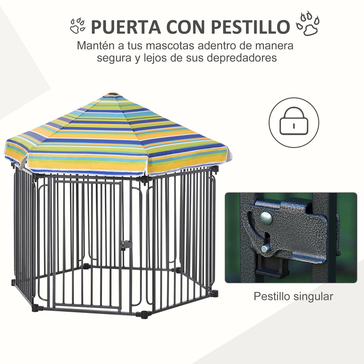 PawHut Parque para Perros 6 Vallas de Metal 61x76 cm Corrales Desmontables para Perros con Techo Hexagonal y Puerta con Cierre de Seguridad 122x105x119 cm Negro y Colorido