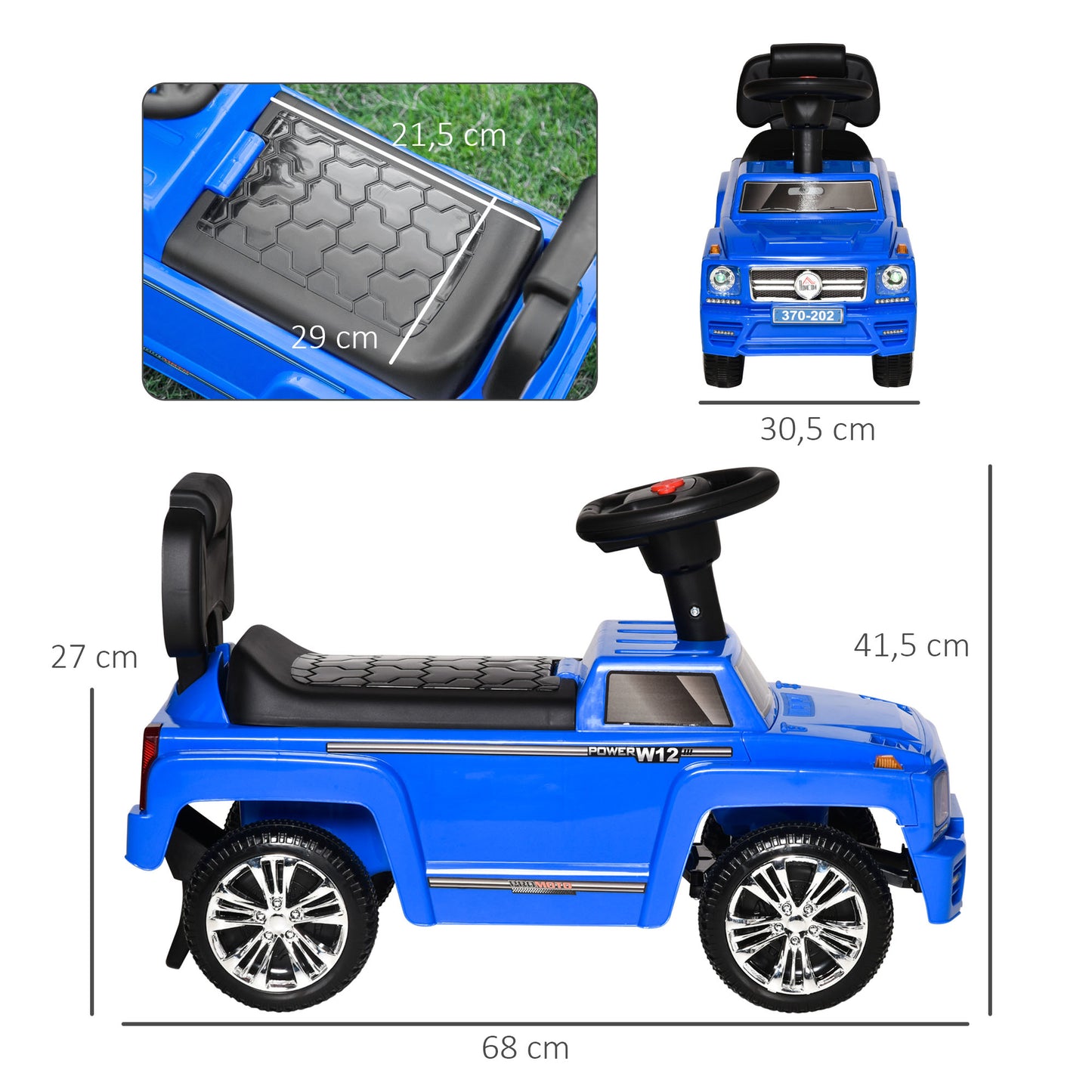 HOMCOM Coche Correpasillos para Bebé de 18-36 Meses Coche sin Pedales con Faros Música Bocina Compartimento de Almacenaje y Respaldo Alto 68x30,5x41,5 cm Azul