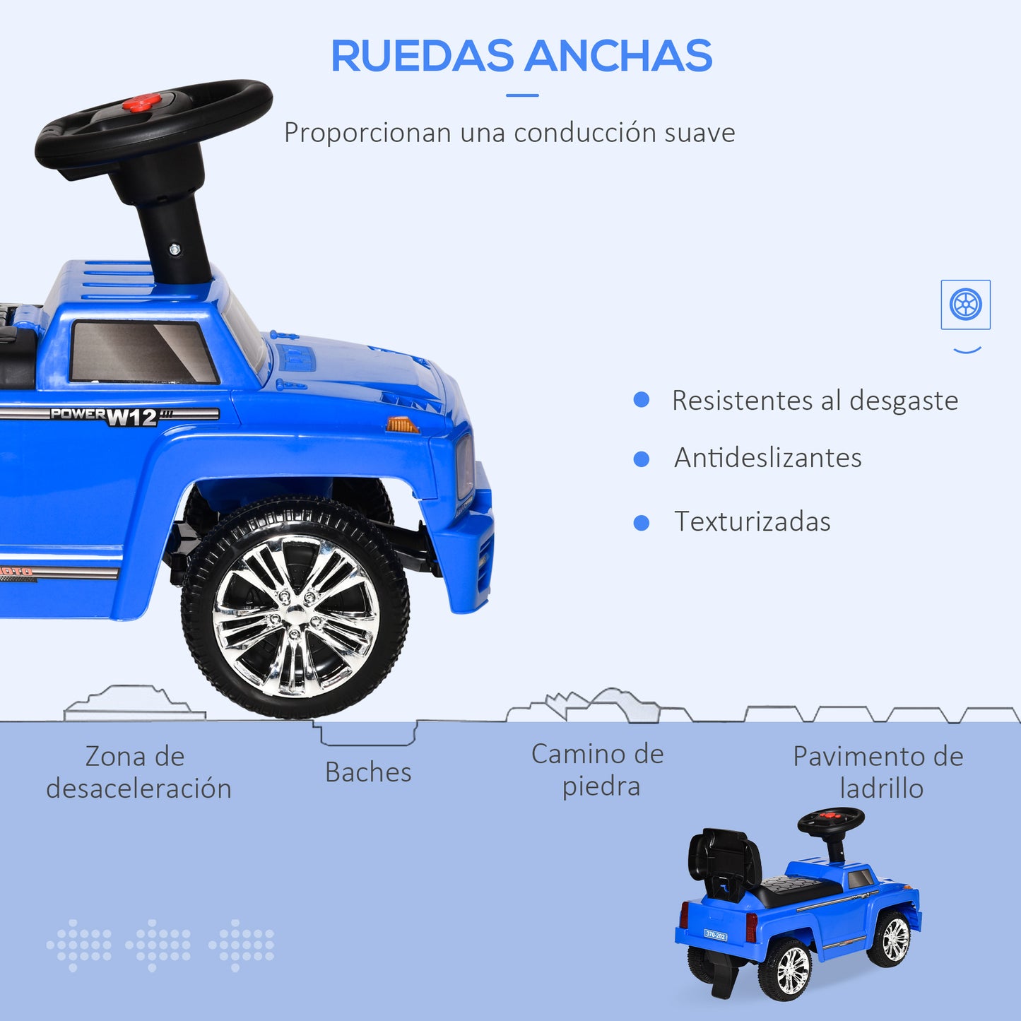 HOMCOM Coche Correpasillos para Bebé de 18-36 Meses Coche sin Pedales con Faros Música Bocina Compartimento de Almacenaje y Respaldo Alto 68x30,5x41,5 cm Azul