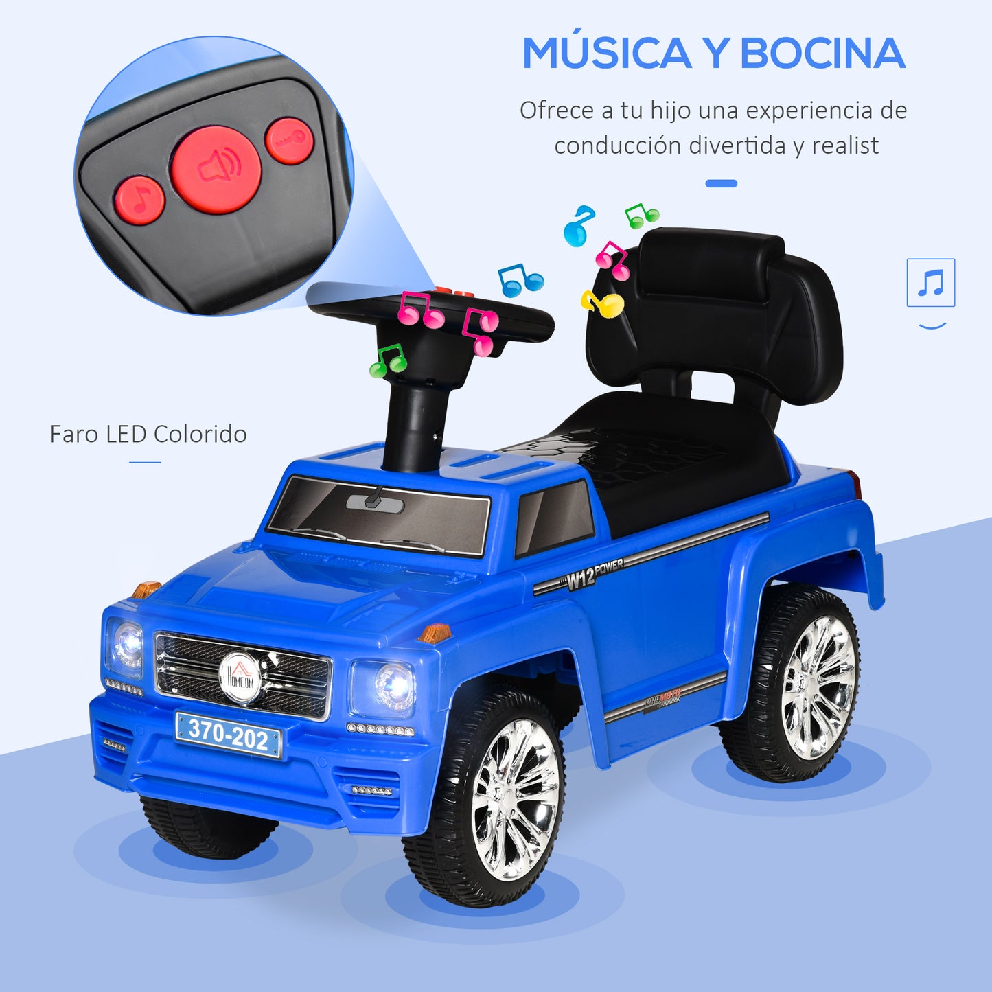 HOMCOM Coche Correpasillos para Bebé de 18-36 Meses Coche sin Pedales con Faros Música Bocina Compartimento de Almacenaje y Respaldo Alto 68x30,5x41,5 cm Azul