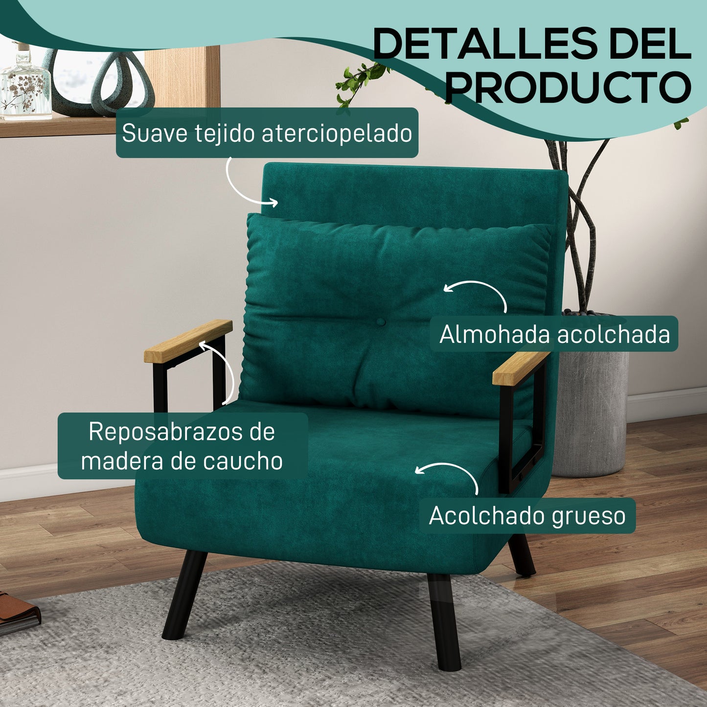 HOMCOM Sofá Cama Convertible Sillón Cama Triple Pliegue con Respaldo Ajustable de 5 Niveles y Almohada Acolchada para Oficina Dormitorio Salón Carga 120 kg 63x73x81 cm Verde