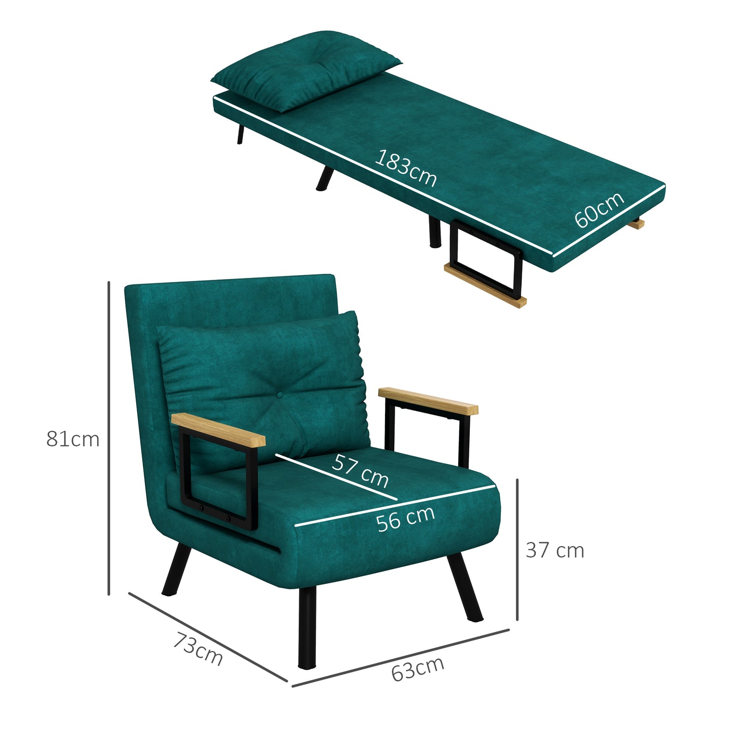 HOMCOM Sofá Cama Convertible Sillón Cama Triple Pliegue con Respaldo Ajustable de 5 Niveles y Almohada Acolchada para Oficina Dormitorio Salón Carga 120 kg 63x73x81 cm Verde