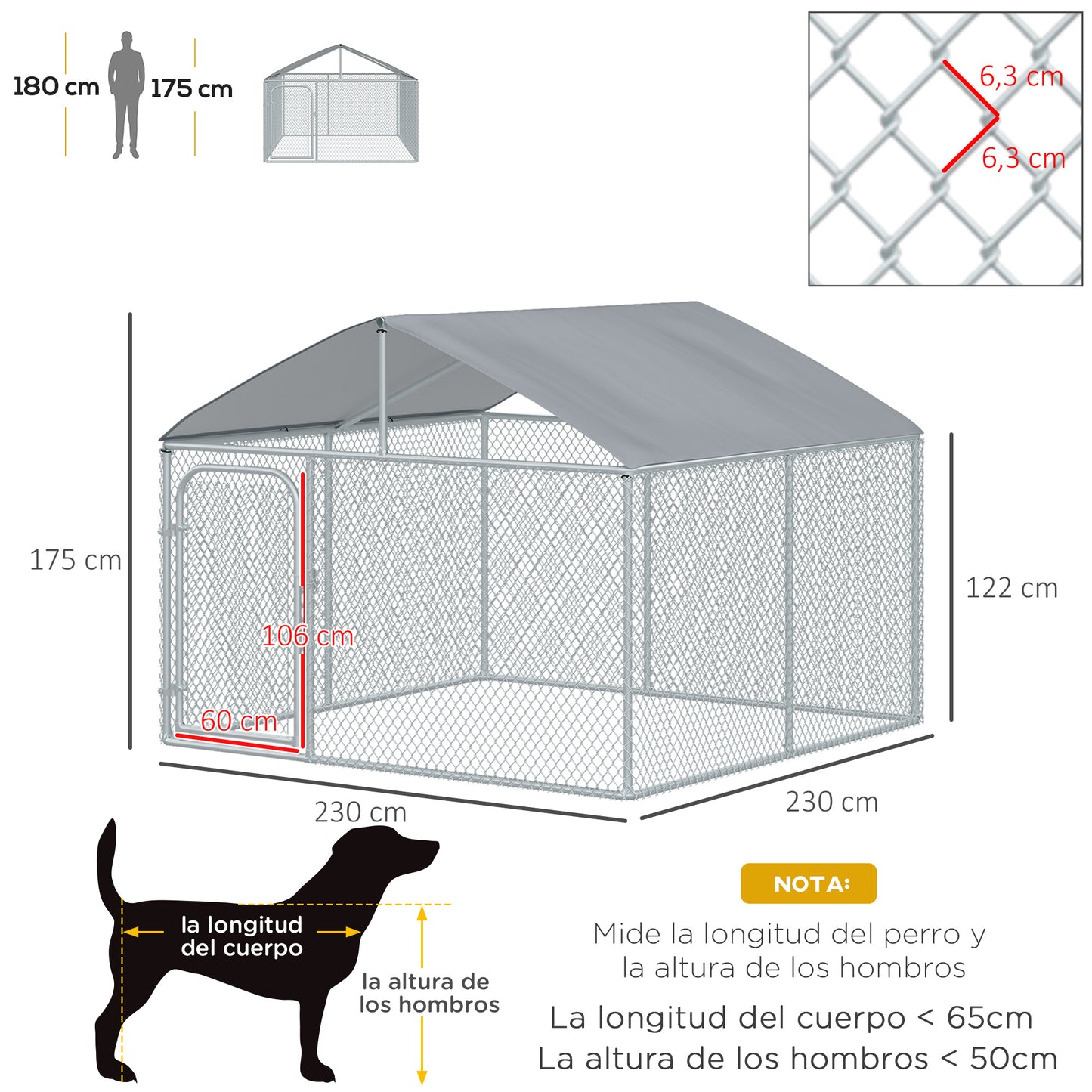 PawHut Perrera de Exterior con Toldo Jaula para Perros con 1 Puerta Anti-UV Impermeable y Marco de Acero para Jardín Patio 230x230x175 cm Plata