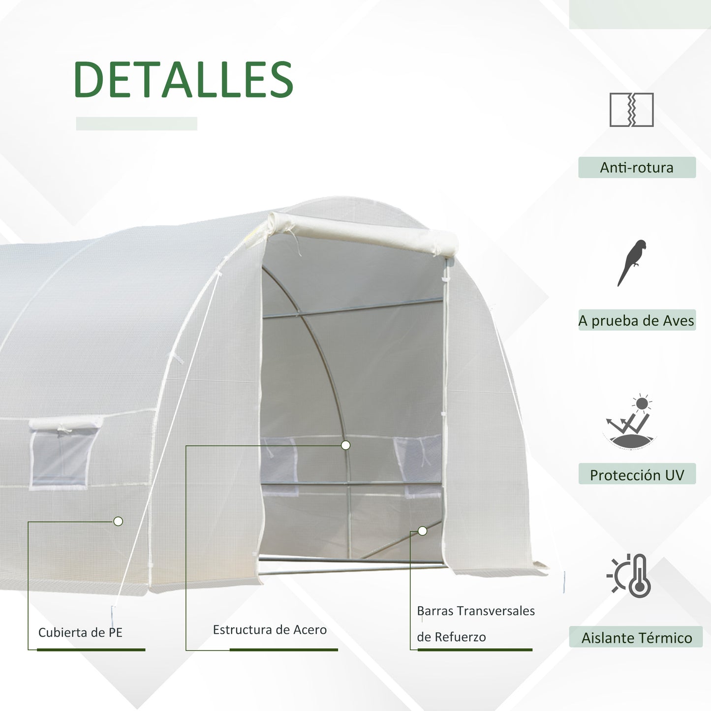 Outsunny Invernadero de Exterior Invernadero de Túnel 8x3x2 m Invernadero de Jardín con 12 Ventanas y Puerta Enrollable para Cultivo Plantas Tomates Verduras Acero y PE 140 g/m² Blanco