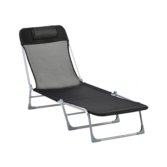 Outsunny Tumbona Plegable y Reclinable de Jardín con Reposacabezas y Respaldo Ajustable en 5 Niveles Tela de Texteline Transpirable 182x56x28 cm Negro