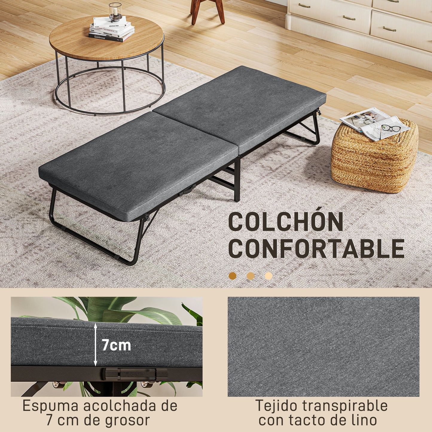 HOMCOM Cama Plegable 70x180 cm con Colchón de Espuma Mueble Cama Plegable con Respaldo Ajustable en 5 Posiciones y Ruedas Cama de Invitados Carga 120 kg Gris