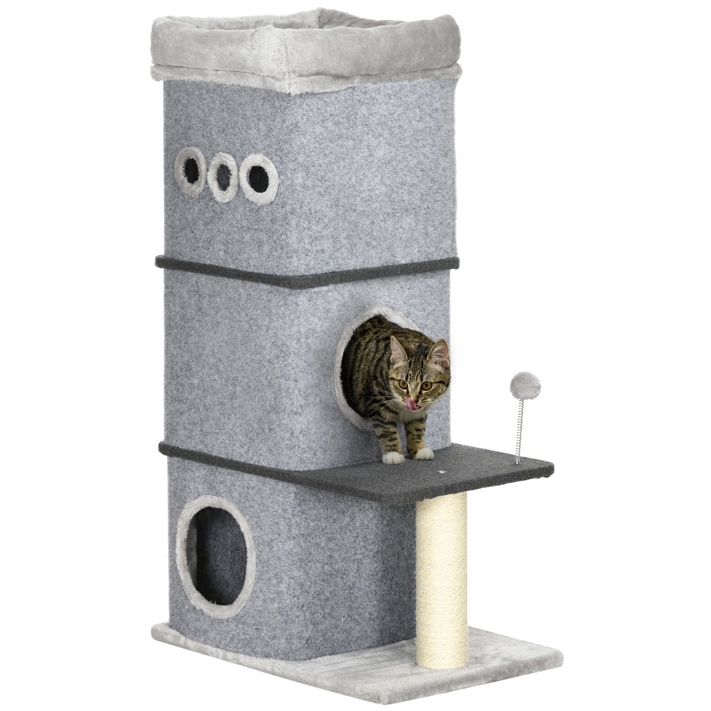 PawHut Barril Rascador para Gatos de 3 Niveles Altura 102 cm Torre para Gatos con Caseta de Fieltro Desmontable Poste de Sisal Cama y Bola de Juguete 60x40x102 cm Gris