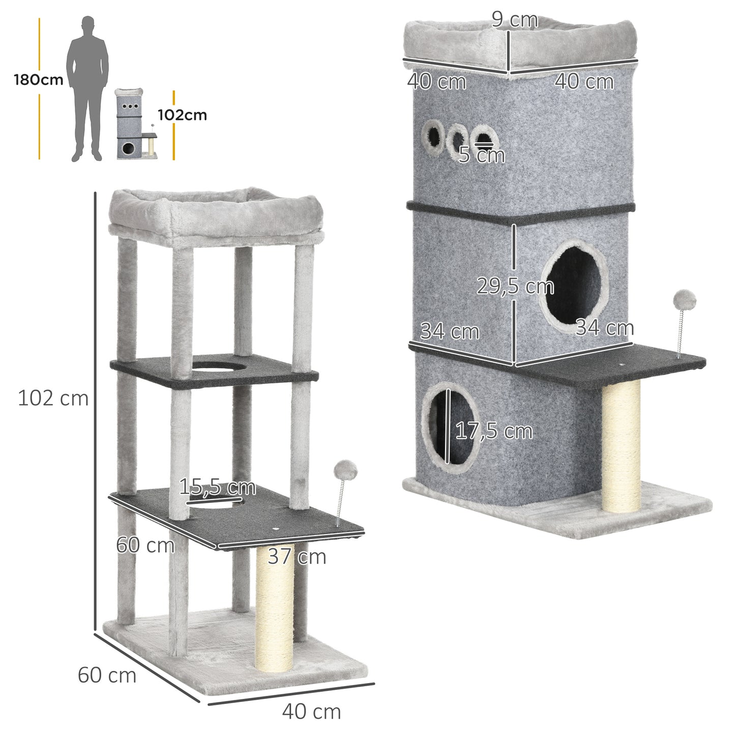 PawHut Barril Rascador para Gatos de 3 Niveles Altura 102 cm Torre para Gatos con Caseta de Fieltro Desmontable Poste de Sisal Cama y Bola de Juguete 60x40x102 cm Gris