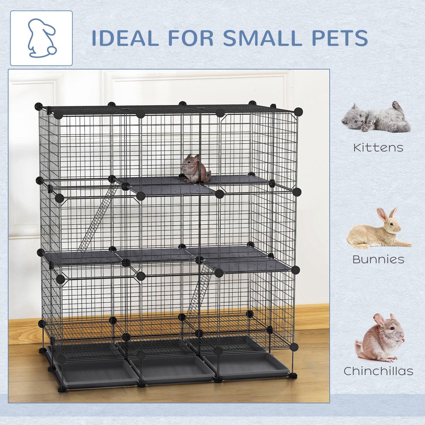 PawHut Valla Metálica para Pequeños Animales Montaje DIY Parque Metálica Desmontable con 3 Niveles y 4 Puertas Grandes 6 Bandejas Extraíbles Jaula de Mascotas Pequeñas 111x75x119 cm Negro